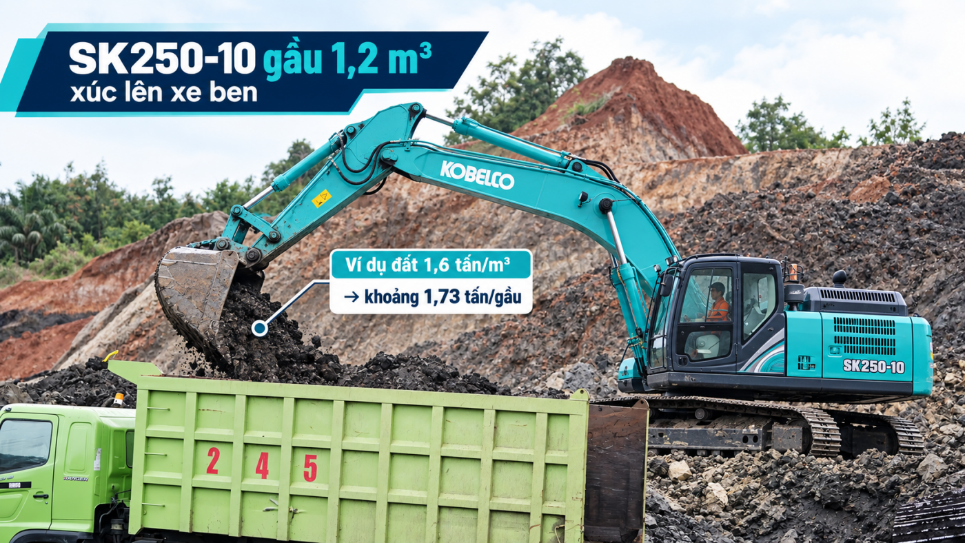 SK250 tốn bao nhiêu dầu khi xúc đất lên xe ben