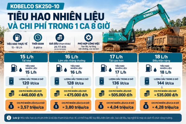 Chi phí nhiên liệu SK250-10 trong ca 8 giờ